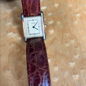Cartier Watch with Red Leather Strap and Silver Case